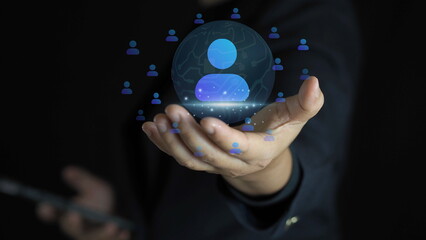 HRM or Human Resource Management, businessman show manager icon which is among staff icons for human development recruitment leadership and customer target group concept. Manager, research, target.