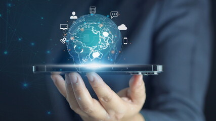 man Hand holding virtual Global Internet connection metaverse. Business global internet connection application technology and digital marketing, Financial and banking, Digital link tech, big data