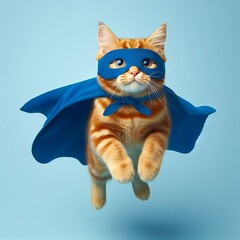 Obraz premium superhero cat, Cute orange tabby kitty with a blue cloak and mask jumping and flying on light blue background with copy space.