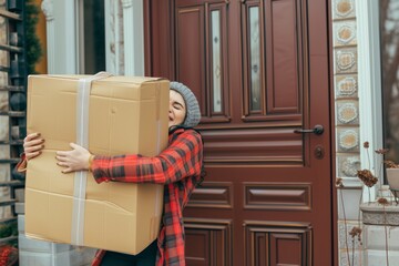 woman hugging a large package on her doorstep