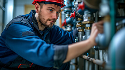 Fototapeta na wymiar Plumber repairing commercial pipes, checking gauges inside industrial water line.