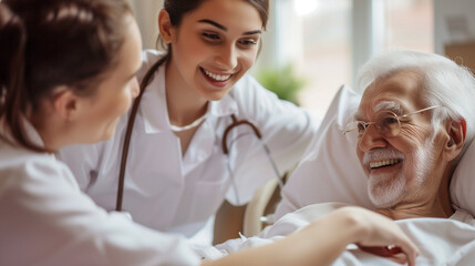 Fototapeta premium Positive interaction between healthcare worker and senior patient. Friendly medical consultation in a hospital.