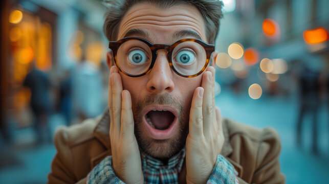 Overly surprised man with popping eyeballs and hands on cheeks. Looking at camera and comical expression.