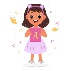Vector little girl with dark hair holding a book in her hands