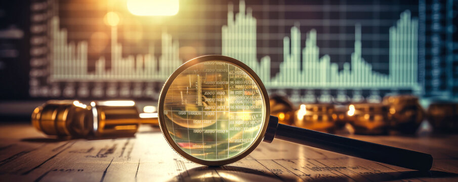 Magnifying Glass on Computer Keyboard, Enhancing Business Control and Market Research. Business Control over quotes and shares. Market research. Trader.