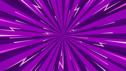 Purple comics style background. Comic style background with lightning and halftone effect. Focus lines background.