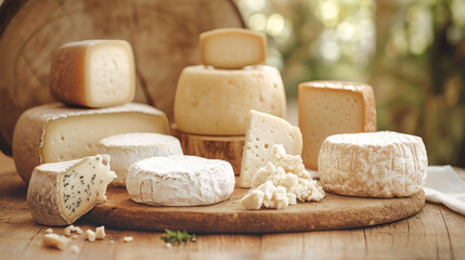 Assorted Farm Cheese on Wooden Plate