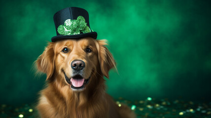 St. Patrick's day horizontal banner with lovely golden retriever wearing green irish elf hat. Green...