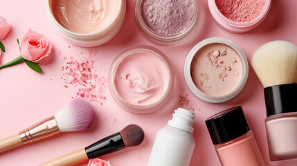 Skincare and makeup care creams and brushes on pastel pink background.
