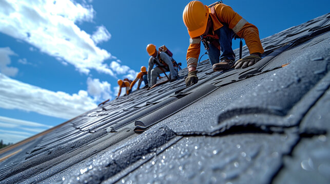 Roofers at work on top of a roof. Repairing and replacing roofing tiles.