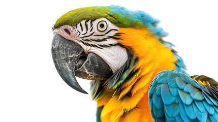 Colorful macaw parrot isolated on white background, close up.