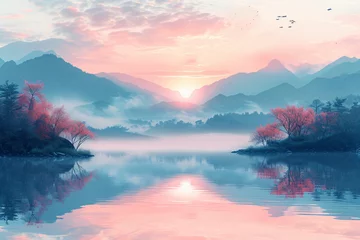 Fototapeten Serene landscape at dawn, soft pastel colors blending with the morning light, minimalist Japandi style © HejPrint