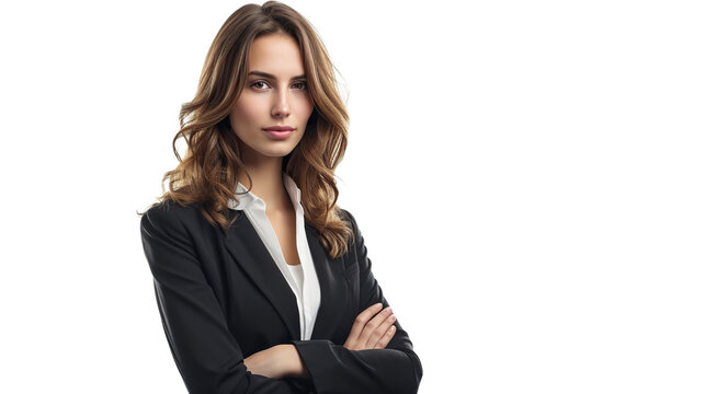 Portrait of young business woman with crossed arms isolated on white background.
