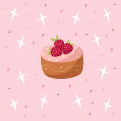 Hand draw postcard with chocolate cakes, three strawberry and stars. Pink,red and brown colors. Card for birthday, party, celebration and holiday. Vector illustration in cartoon style.Pink background.