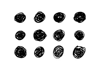 Tangled abstract circles in grunge style. Textured hand drawn bullet points, polka dots, round shapes of tangled messy lines.