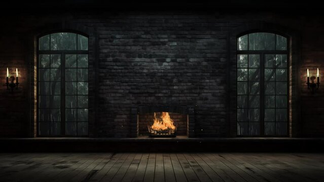 backdrop of a brick fireplace wall in a vacant setting. seamless looping overlay 4k virtual video animation background 