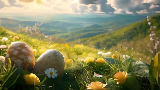 Ornately decorated Easter egg in the foreground, set against a lush green field with blooming flowers