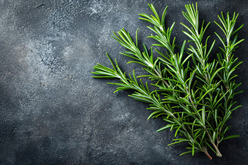 Rosemary on concrete table. Herbs and spices. Cooking ingredients. Top view and copy space for your recipe