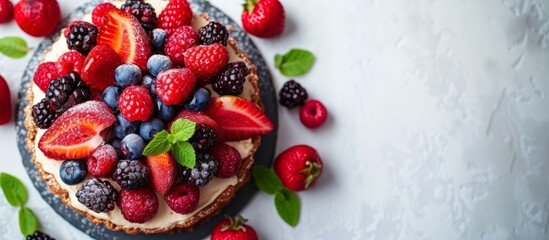 Healthy breakfast with assorted berries on freshly baked berry cake, space for text