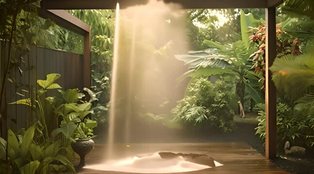 Abstract animation of summer shower outdoors. Outdoor, sunny, relaxation, leisure, nature, activity, energy, warmth, transparency, light, radiance, invigoration, fun, lightness. Generated by AI.