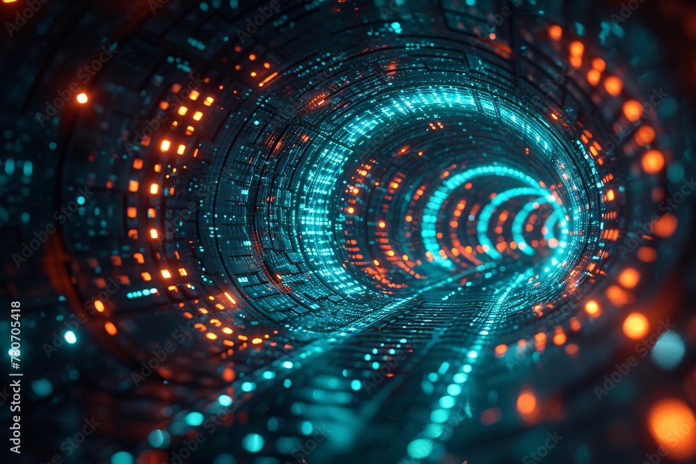 Poster neon vortex: a glowing tunnel of tech trends and monthly events generative ai