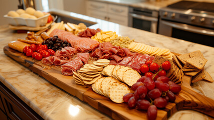 On a kitchen marble countertop, a wooden charcuterie board is laden with deli meats, grapes,...