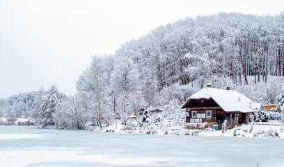 Farms and Farmhouses in the Snow. Windmill. Agriculture and Rural Life at Winter Background. Rural Winter  Landscape.