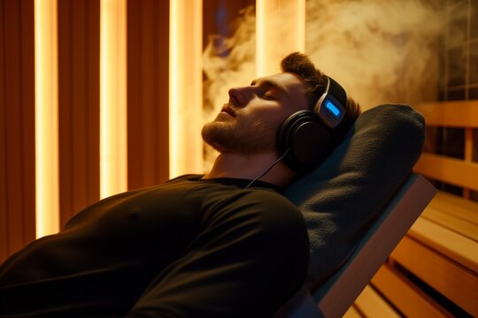 fitness enthusiast reclining in sauna, headphones on, listening to music