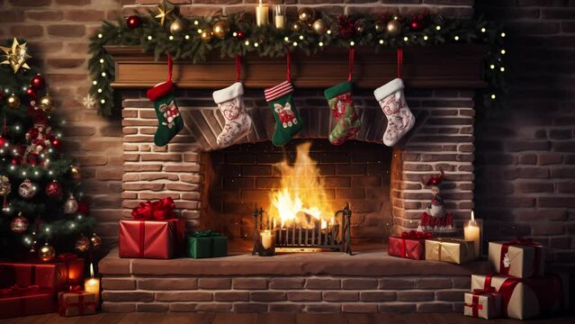 decorated fireplace and christmas tree. brick wall. christmas tree in the fireplace. seamless looping overlay 4k virtual video animation background 