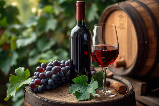 Red wine bottle and wine glass on wooden barrel with vineyard background 