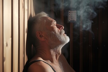 man breathing deeply, leaning against sauna wall