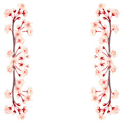 Watercolor hand drawn pink sakura flower branch vertical frame isolated on white