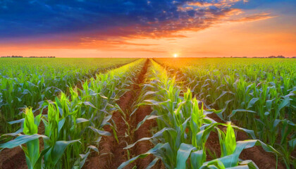Sunset beauty over corn field landscape agricultural - obrazy, fototapety, plakaty