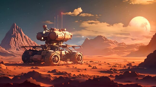 Abstract animation of Mars rover. Martian landscape, space exploration, robotic rover, extraterrestrial, sci-fi. Artificial intelligence is trained to generate videos and animations. Generated by AI.
