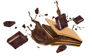 Wafers Chocolate, Milky cream in the middle on white background. Realistic vector in 3D illustration.