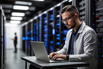 Young engineer checking network system with computer laptop in Data Center room.