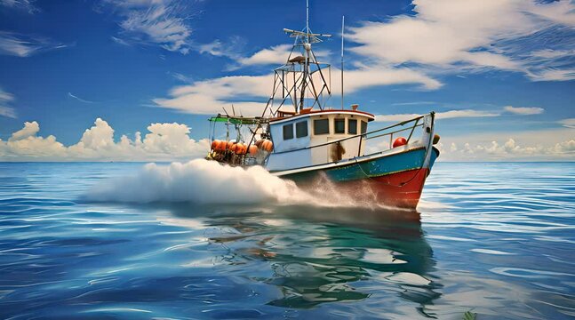 Abstract animation fishing boat floating on waters. Nautical, rustic, vintage, fishing, vessel, watercraft. Artificial intelligence is trained to generate videos and animations.. Generated by AI.