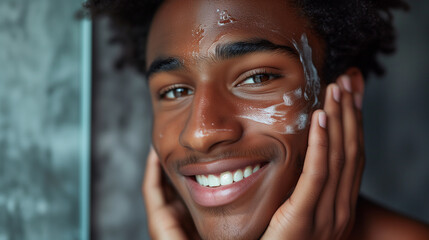 Black young man washing face and applying moisturizers. Skin care routine.