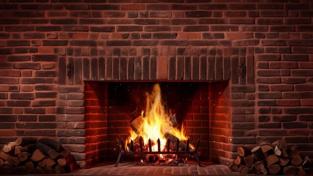 a brick fireplace in which a fire burns. fire place with burning fire. seamless looping overlay 4k virtual video animation background 