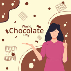 World chocolate day, a young woman showing thumb up for delicious chocolate