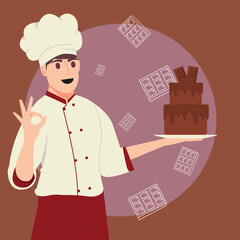 Chef holding bakery chocolate cake, The chef cooking a sweet chocolate