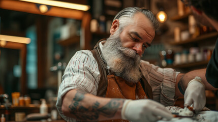 Barber at work, trimming facial hair inside a barber shop.