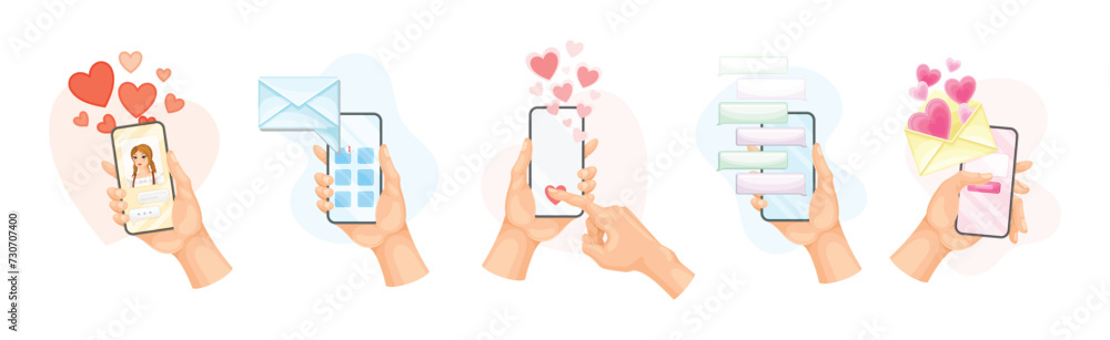 Poster hand with smartphone device use chat app have social communication vector set