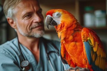 Veterinarian and Vibrant Macaw in Clinic