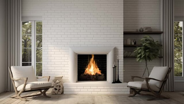 modern home interior with fireplace and white wall. white brick fireplace. seamless looping overlay 4k virtual video animation background 