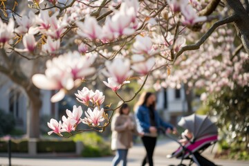 parents pushing stroller under flowering magnolia trees downtown - obrazy, fototapety, plakaty