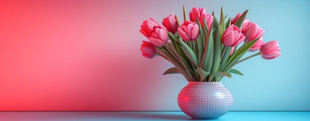 tulips in a vase, minimal pink and blue spring concept. Easter or birthday concept. Mother's day wallpaper, copy space. Generative AI