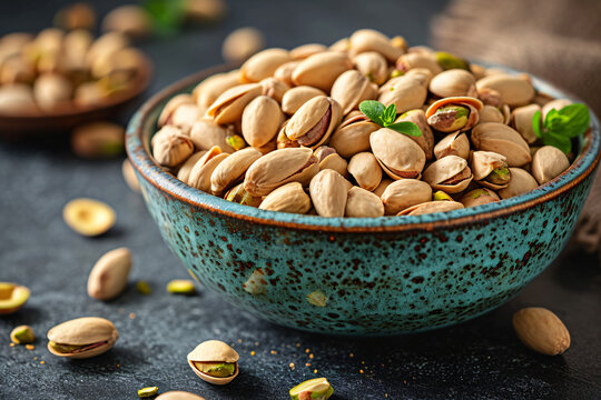 Pistachios nuts in bowl. Pistachio background. Healthy food, snacks, vegetarian food. 