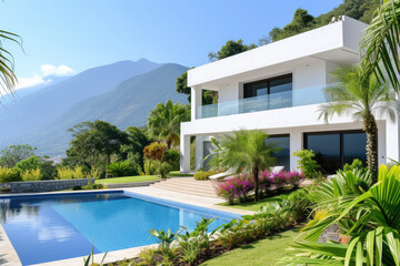 Fototapeta na wymiar Exterior modern white villa with pool and garden, mountain view