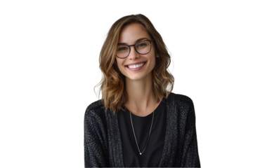  looking happy smiling female with dark blond hair and nerdy glasses standing in front of neutral grey 